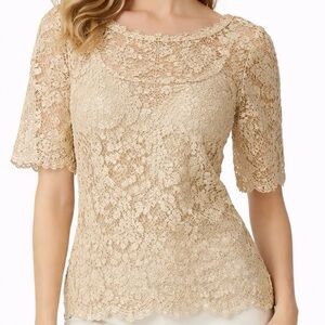 ME Gold Lace Crochet Short Sleeve Top Womens Medium Formal Evening Croquette